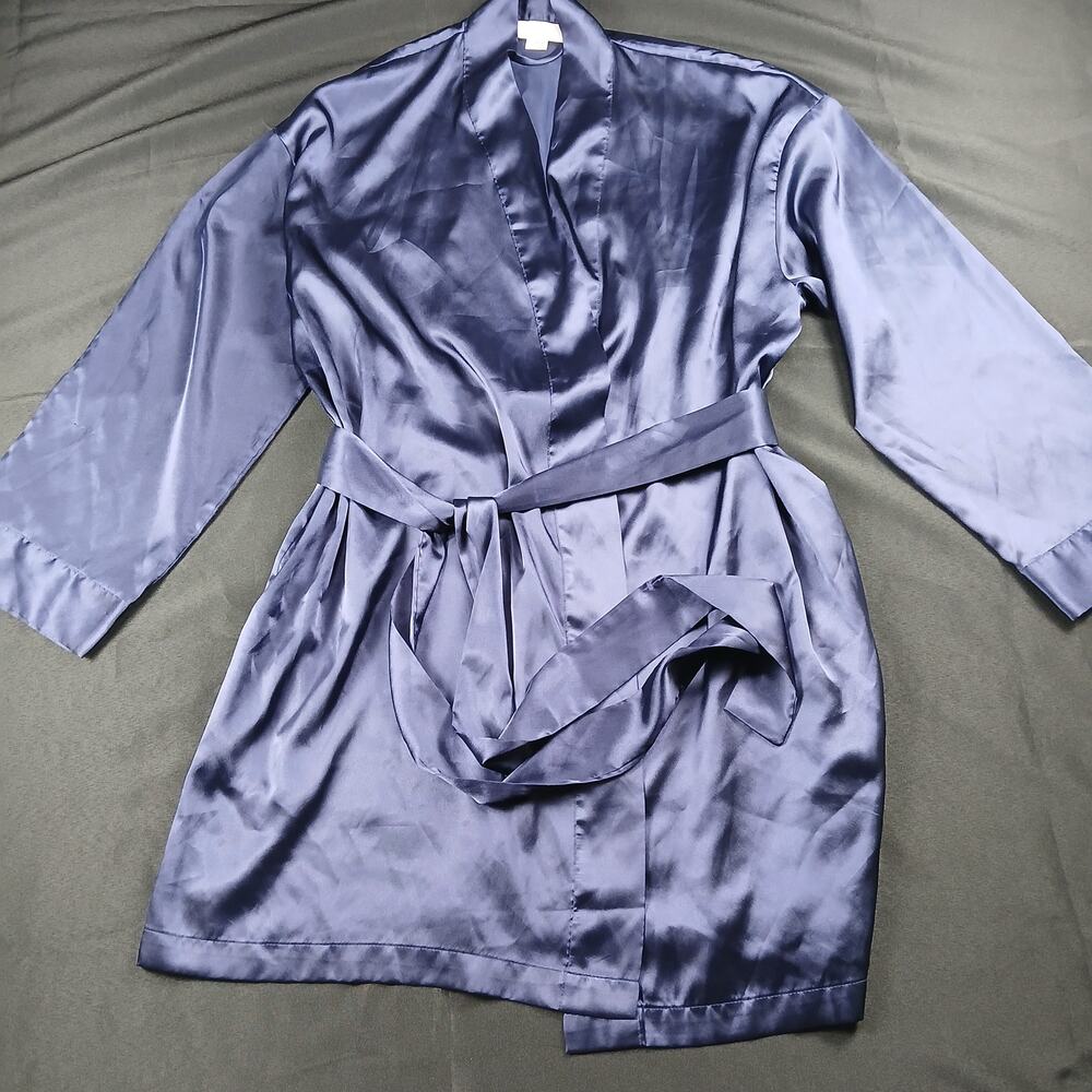Victorias Secret Satin Robe One Size Blue Purple Belted Kimono Wrap Sleepwear